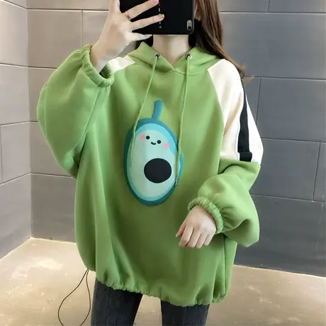 连帽印花加绒加厚卫衣女韩版宽松bf慵懒风2023秋冬新款上衣潮ins商品大图