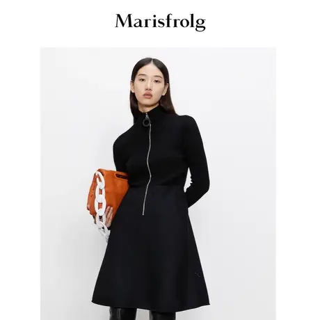 【羊毛】玛丝菲尔女装秋冬新款黑色高领针织长袖连衣裙年会商品大图