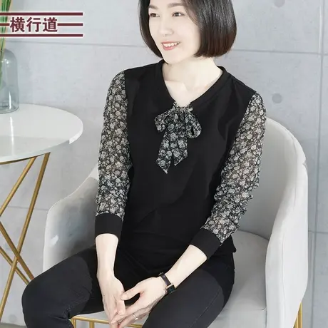 2025春季新款圆领拼接碎花雪纺 中年妈妈长袖T恤女装韩版宽松上衣商品大图