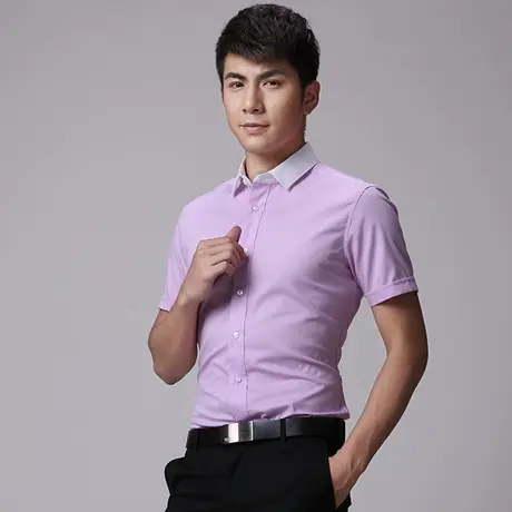 seno男士短袖衬衫韩版修身职业装商务拼接撞色领衬衣商品大图