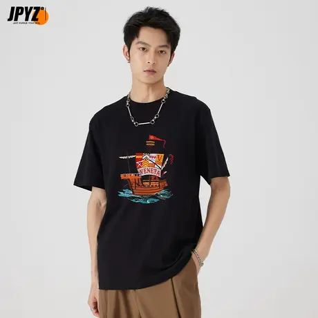 2023新款刺绣印花短袖t恤男国潮纯棉打底衫潮流夏季男装上衣服图片