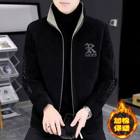 金貂绒加棉加厚夹克男士冬季刺绣时尚潮流休闲立领毛呢子外套大衣商品大图