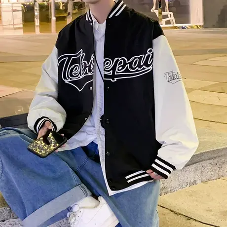 美式棒球服男春秋季宽松立领飞行员夹克外套春装潮牌休闲运动上衣商品大图