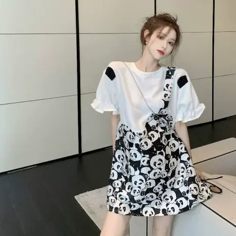 夏季新款胖mm大码女装洋气减龄遮肚显瘦连衣裙子设计感短袖T恤裙图片