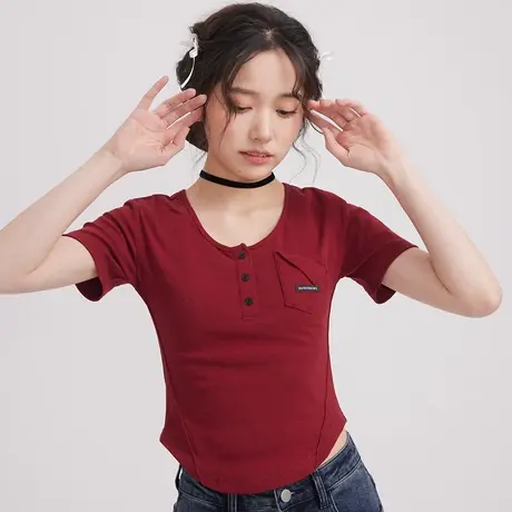 尔给vintage美式复古显瘦鱼骨别致短款上衣女夏半开领收腰短袖T恤图片