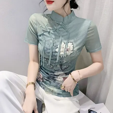 2023夏装新款复古盘扣T恤女短袖高级感国风立领上衣印花网纱小衫商品大图