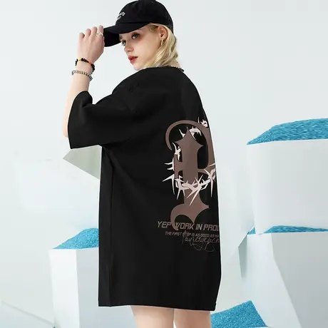 美式重磅t恤女夏季度哥特字母纯棉短袖oversize宽松体恤圆领上衣商品大图