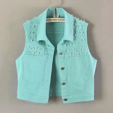 牛仔马甲女背心短款春秋夏宽松新款无袖大码外搭显瘦彩色钉珠坎肩商品大图