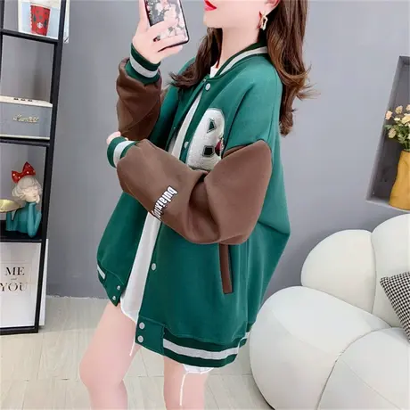 休闲时尚拼色棒球服开衫卫衣女秋季2023年新款宽松学生小个子外套商品大图