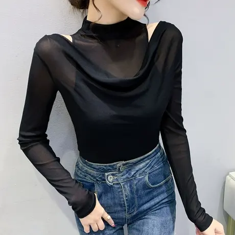 性感露肩网纱上衣女士欧货气质半高领打底衫内搭修身百搭长袖T恤商品大图