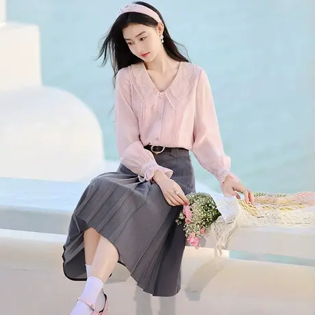 香影2024春秋新款莱赛尔天丝衬衣娃娃领上衣粉色设计小众长袖衬衫图片