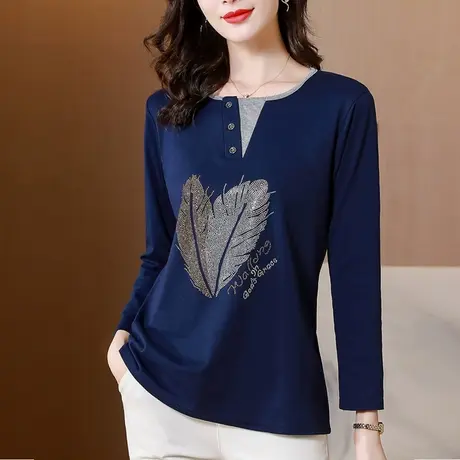 2023新款秋装大码纯棉长袖t恤女妈妈上衣中长款上衣打底衫春秋款图片