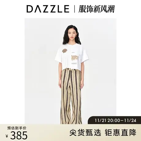 DAZZLE地素奥莱 春季白色小众不对称设计感复古印花短袖T恤女图片