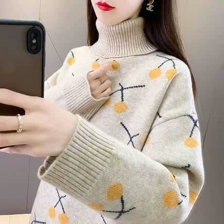 韩版时尚新款高领樱桃提花针织衫女士毛衣冬季厚款保暖内搭打底衫商品大图