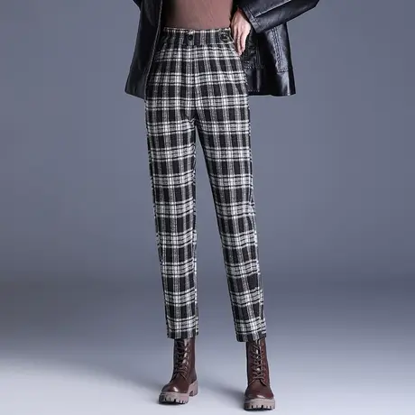 秋冬毛呢格子裤哈伦裤女2023新款松紧高腰显瘦时尚休闲裤小脚裤子商品大图