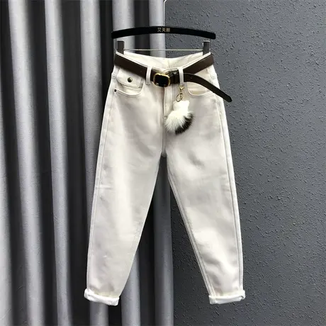 欧货加绒哈伦裤女23秋冬新款米白色简约设计感时尚百搭牛仔小脚裤图片