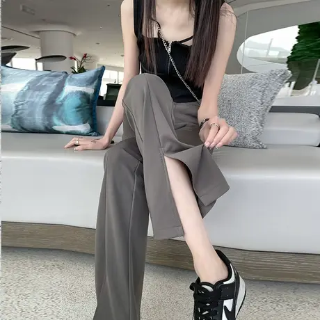 灰色开叉微喇裤女2023年春夏新款高腰修身显瘦复古百搭休闲西装裤图片