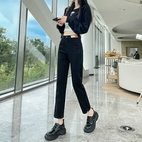 黑色牛仔裤女直筒2023年春秋新款高腰宽松显瘦百搭九分烟管裤图片