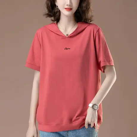 连帽T恤女短袖夏季加肥加大码女装宽松中年妈妈纯棉刺绣显瘦上衣商品大图