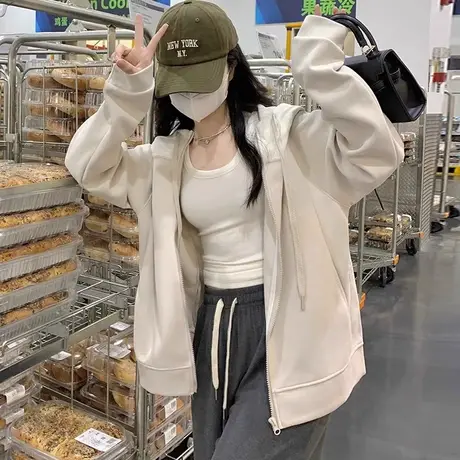 oversize卫衣女2023春秋薄款宽松小个子高级感慵懒风连帽开衫外套商品大图