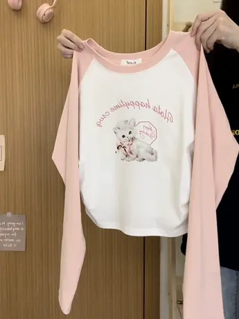 红续可爱猫咪插肩短款长袖T恤女甜妹小个子显瘦打底上衣秋冬新款商品大图