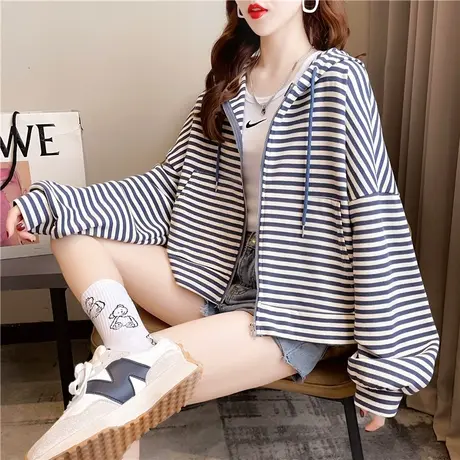 卫衣女春秋季韩版宽松早秋装百搭ins条纹薄款带帽初秋开衫外套潮商品大图