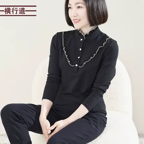 立领花边长袖2025新款春季纯色纽扣简约外穿T恤休闲女上衣打底衫商品大图