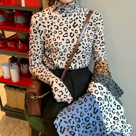 2024新款春秋冬季新款内搭高领打底衫豹纹洋气长袖t恤女装上衣服商品大图