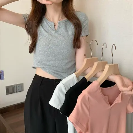 夏季设计感小众独特别致V领短袖t恤女纯欲辣妹性感高腰短款上衣商品大图