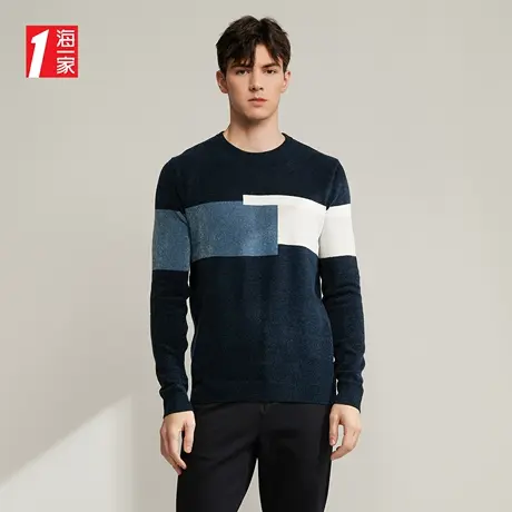 海一家时尚撞色毛衣2023秋季新款圆领雪尼尔青年男士长袖针织衫商品大图
