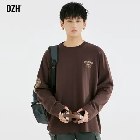 男士纯棉长袖t恤男圆领秋季美式印花上衣2023年新款基础款打底衫商品大图