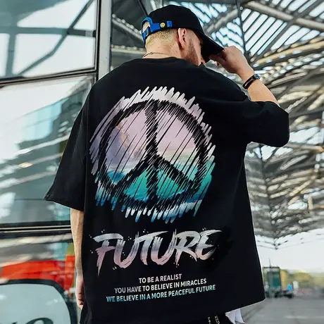 oversize潮牌加肥加大反战印花宽松ins男大码短袖t恤潮流国潮半袖图片