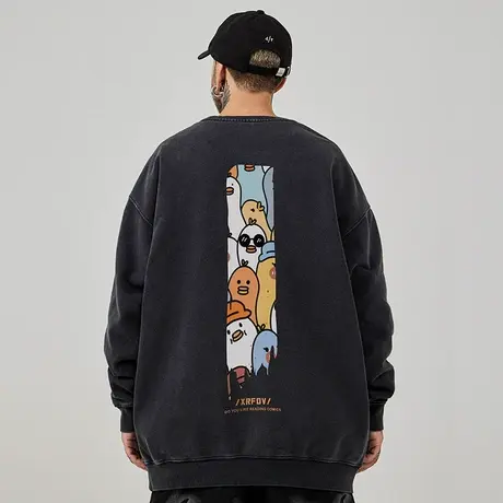 港风圆领卫衣男潮牌重磅大码男装卡通情侣秋冬季加绒复古水洗做旧图片