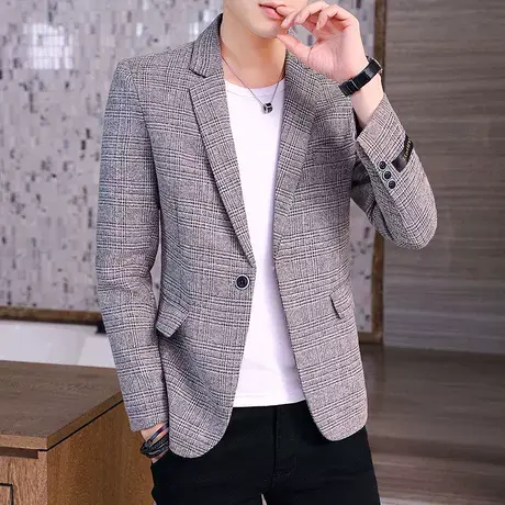 男士西装暗格子休闲韩版修身单上衣青年帅气春秋小西装西服外套潮商品大图