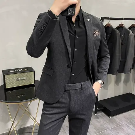 垂感暗条纹西装男高档礼服套装休闲大码英伦修身胖子外套痞帅西服图片