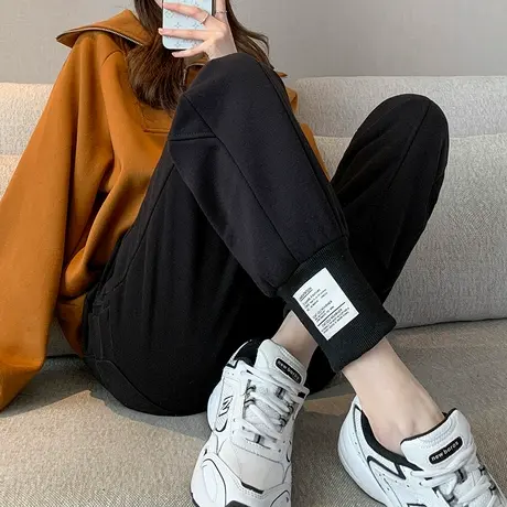 断码清仓黑色运动裤女束脚卫裤秋冬季加绒高腰宽松显瘦休闲哈伦裤商品大图