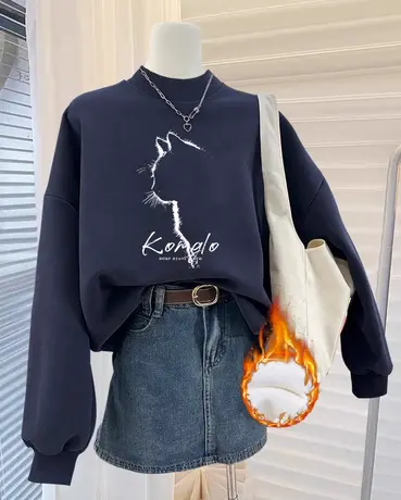 山东即墨半高领上衣加绒加厚小高领外套ins潮秋冬大码保暖卫衣女商品大图