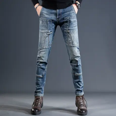 香港高端蓝接拼接牛仔裤男秋冬款修身小脚潮流潮牌痞帅男裤子商品大图