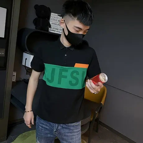 夏季男士polo衫t恤短袖翻领时尚休闲半袖修身潮牌修身拼色ins体恤商品大图