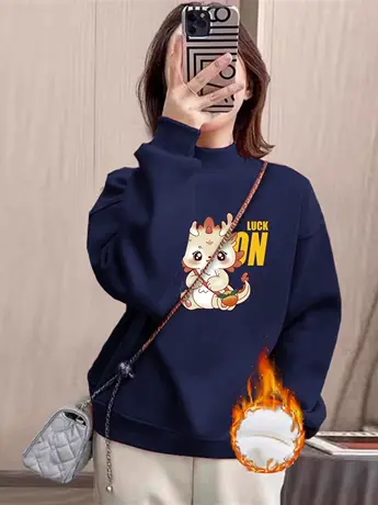 冬季设计感加绒外套2023新款藏蓝色半高领卫衣女ins大码显瘦上衣图片