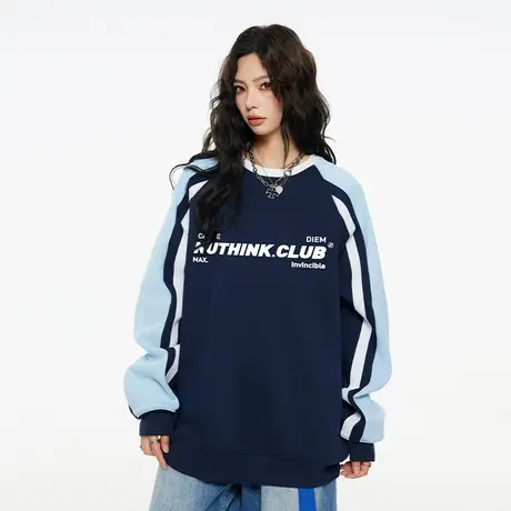 Nuthink潮牌字母插肩拼接撞色卫衣男秋冬款加绒加厚宽松保暖上衣商品大图