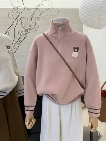 2024秋冬新款宽松洋气小熊贴布加厚针织衫休闲毛衣女多巴胺上衣服商品大图