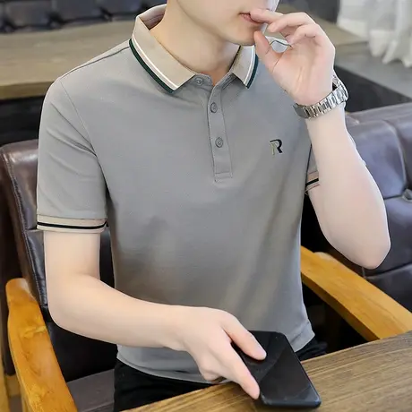 夏天男装短袖T恤有带领青年休闲Polo衫纯棉半袖灰色刺绣上衣服潮商品大图