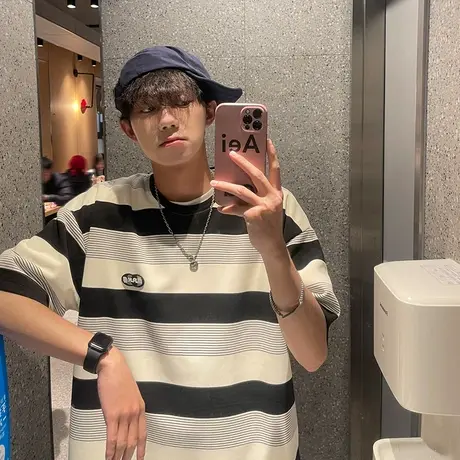 重磅贴标条纹t恤男短袖夏季潮牌美式高街宽松休闲半截袖潮流衣服商品大图