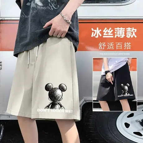 港风米老鼠短裤男夏季宽松薄款印花冰丝速干潮流休闲五分沙滩中裤商品大图