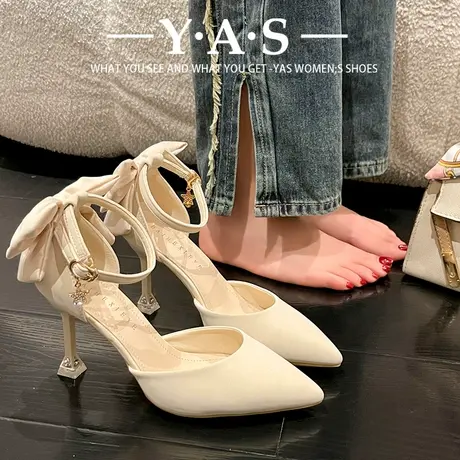 单鞋春秋2024年新款仙女风蝴蝶结法式一字带高跟鞋珍珠设计感小众商品大图