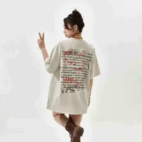 YEP字母印花短袖t恤女夏季2024新款复古情侣宽松oversize纯棉上衣商品大图