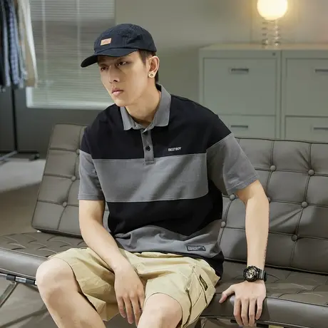 唐狮polo衫夏季男士短袖纯棉有翻领t恤拼接黑色男装衬衫港风ins潮图片