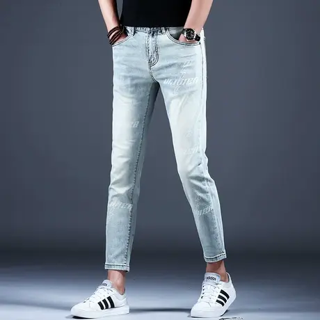 男士做旧印花九分牛仔裤男款2024新款春秋小脚裤子潮流男美式高街商品大图