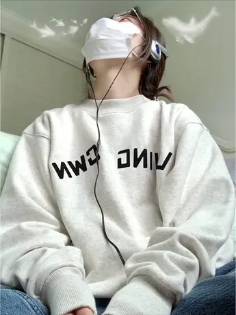 灰色卫衣女秋冬大码宽松圆领加绒加厚无帽美式复古hiphop上衣潮商品大图